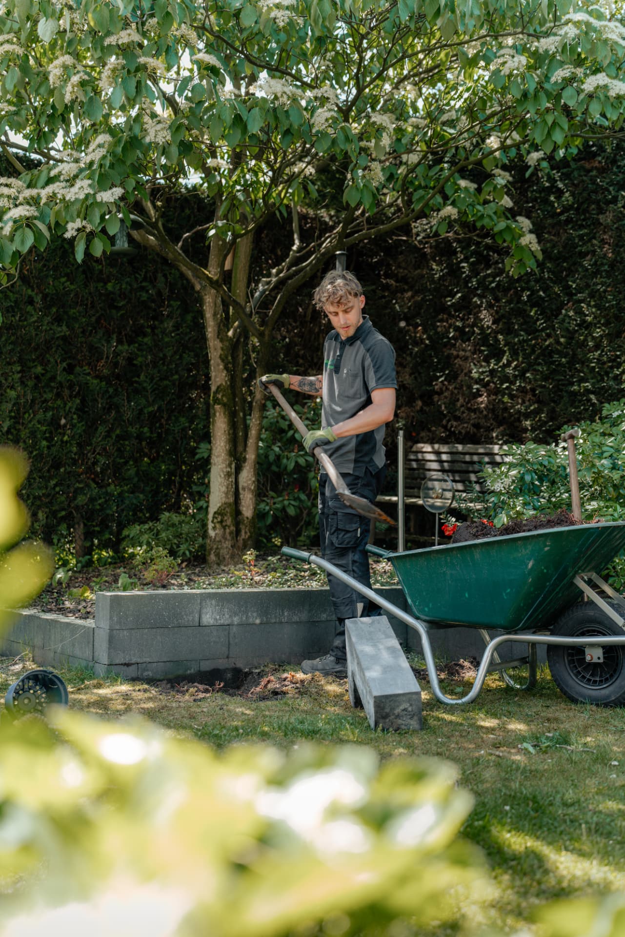 Jonas aan het werk in een ruime achtertuin met kruiwagen en bloeiende boom