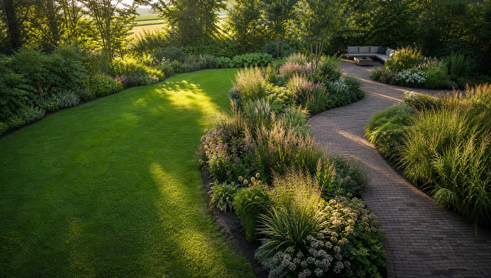 Professioneel aangelegde tuin met organische borders, gevarieerde beplanting, verzorgd gazon en natuurlijke bestrating